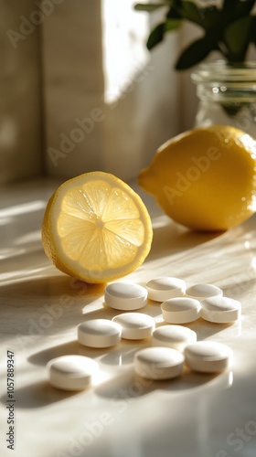 Fresh lemons and dietary supplements arranged on a light surface with natural...