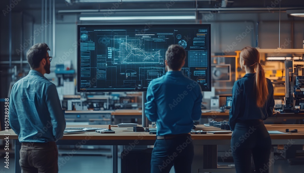 Professionals analyzing data on a large screen in a modern office. Collaboration in technology and innovation is evident. Professionals analyzing data on a large screen in a modern office. Collaboration in technology and innovation is evident.