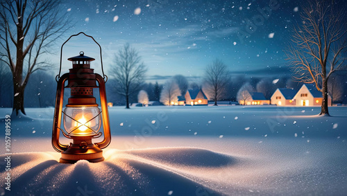 Lit lantern in snow, winter night, peaceful scene with houses in background.