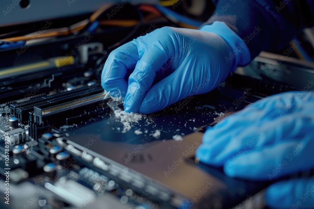 Cleaning and repairing laptop cooler system with gloves and brush. Cleaning and repairing laptop cooler system with gloves and brush.