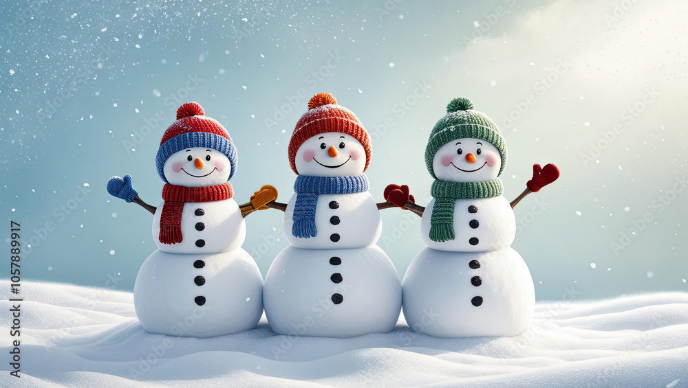 Fototapeta premium Three cheerful snowmen with hats and scarves in a snowy landscape, winter scene.