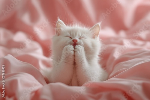 A fluffy white cat joyfully plays and relaxes on a pink bed with soft lights