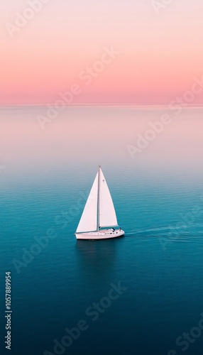 A sailboat glides across the tranquil blue water with a vibrant pink and orange sunset in the background.