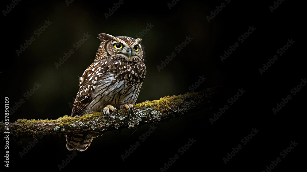 Obraz premium An owl perches on a moss-covered branch, eyes wide open against a black background