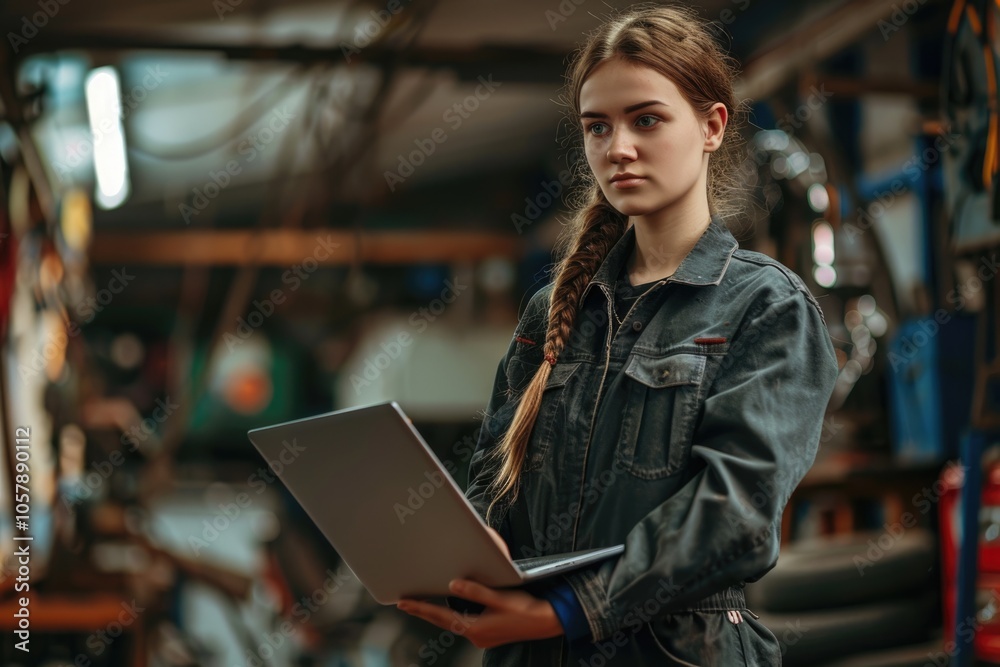 Portrait of female mechanic with laptop in garage Portrait of female mechanic with laptop in garage