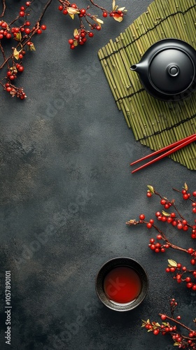 Table setting with red chopsticks, a teapot, and tea amidst greenery on a bam...