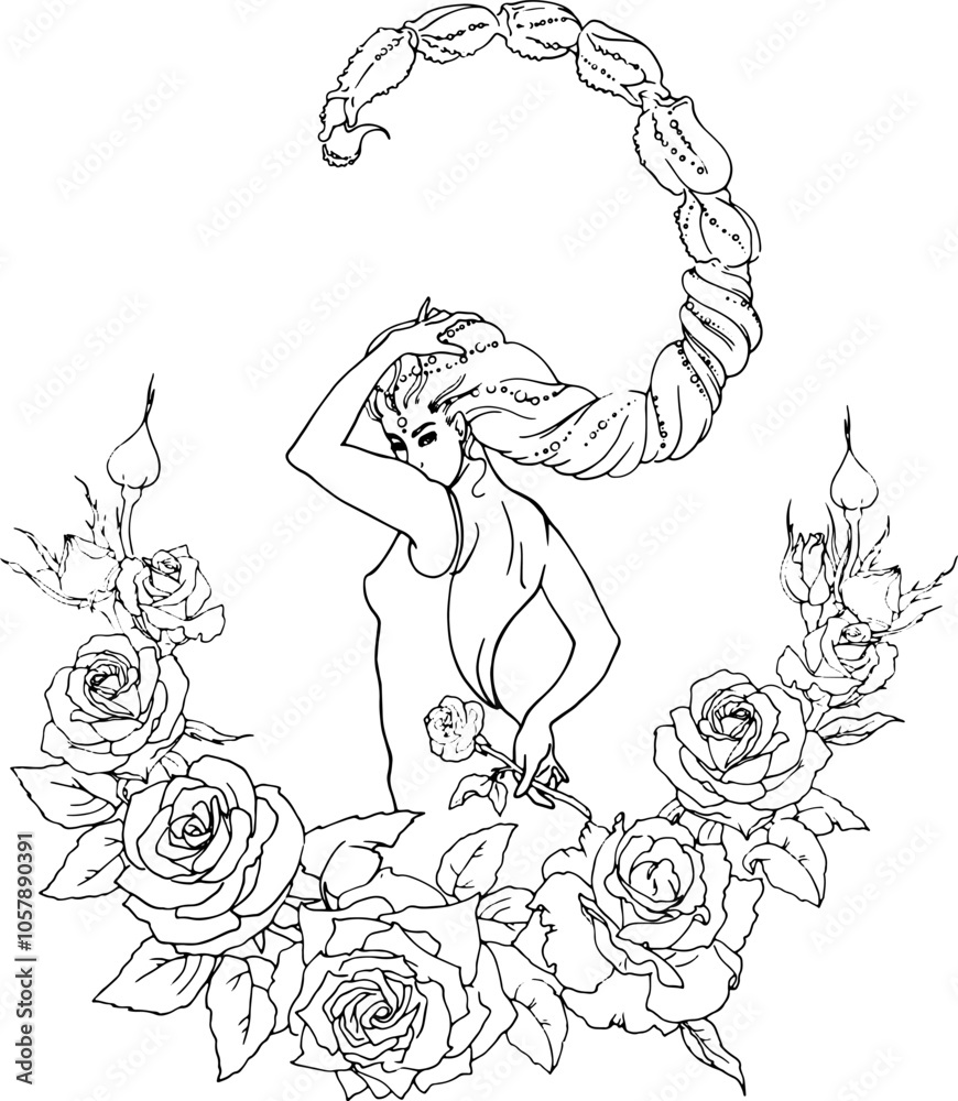 AdobeThe girl of the scorpio horoscope. A linear drawing of a girl with rose flowers. For printing postcards, coloring books, cards. For printing on clothes, dishes, tattoos. A mys Illustrator Artwork AdobeThe girl of the scorpio horoscope. A linear drawing of a girl with rose flowers. For printing postcards, coloring books, cards. For printing on clothes, dishes, tattoos. A mys Illustrator Artwork