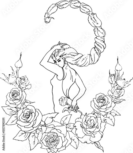 AdobeThe girl of the scorpio horoscope. A linear drawing of a girl with rose flowers. For printing postcards, coloring books, cards. For printing on clothes, dishes, tattoos. A mys Illustrator Artwork