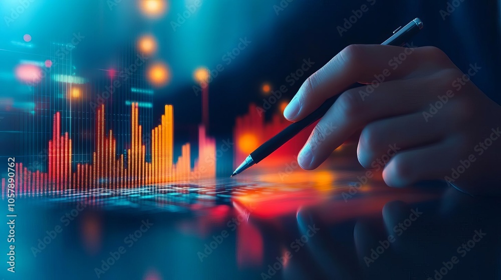 Entrepreneur studying projected real estate values with futuristic city backdrop Entrepreneur studying projected real estate values with futuristic city backdrop