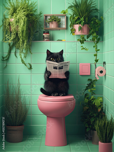Funny scene of a black cat sitting on a pink toilet, reading a newspaper in a green-tiled bathroom with houseplants and quirky decor.
