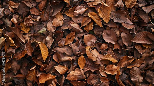 A close-up of a pile of brown and orange autumn leaves. The leaves are in various stages of decay, with some still green and others completely brown.