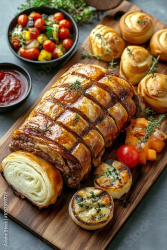 Delicious gourmet meal featuring beef Wellington with sides and wine served on a wooden platter