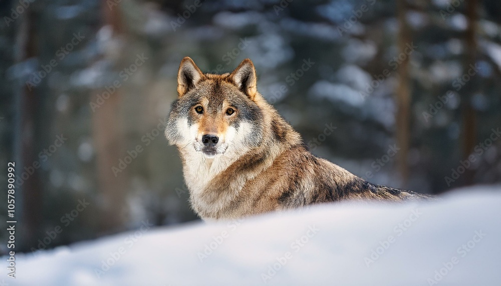 Dire Wolf Staring on a Snow Patch Forest Behind Dire Wolf Staring on a Snow Patch Forest Behind