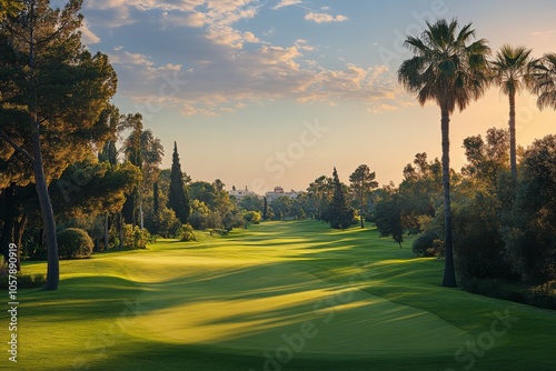 A serene view of a lush golf course at sunset, surrounded by palm trees and g...