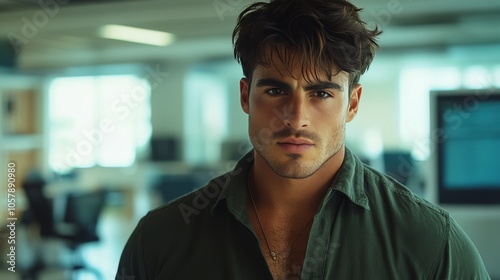 Confident man in a modern workspace during the afternoon with natural light a...