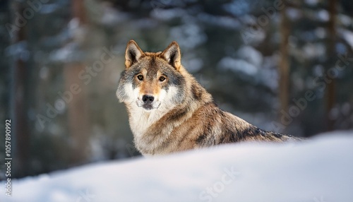 Dire Wolf Staring on a Snow Patch Forest Behind