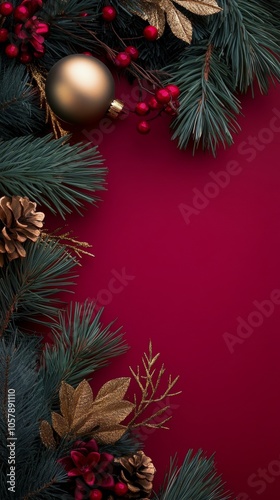 Festive ornaments and evergreen branches on a red background for holiday deco...