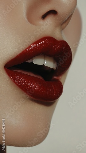 Close up of a womans lips adorned with bright red lipstick against a white ba...