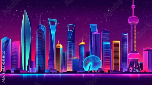 Luminous skyscrapers illuminate an abstract pattern as the city nightlife comes alive