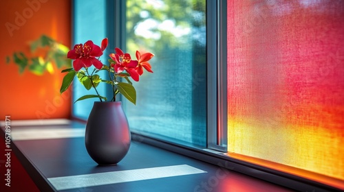 Vibrant triptych of windows with colorful walls and greenery in a lively urba...