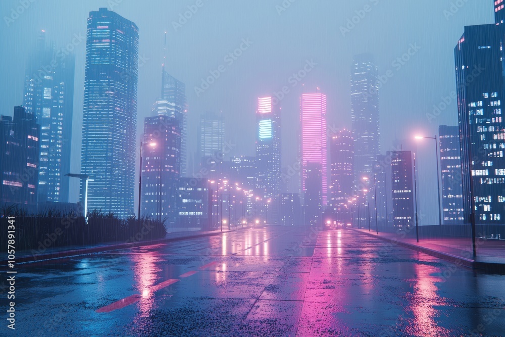 Skyscrapers and streets glow at night in neon-lit futuristic city Skyscrapers and streets glow at night in neon-lit futuristic city