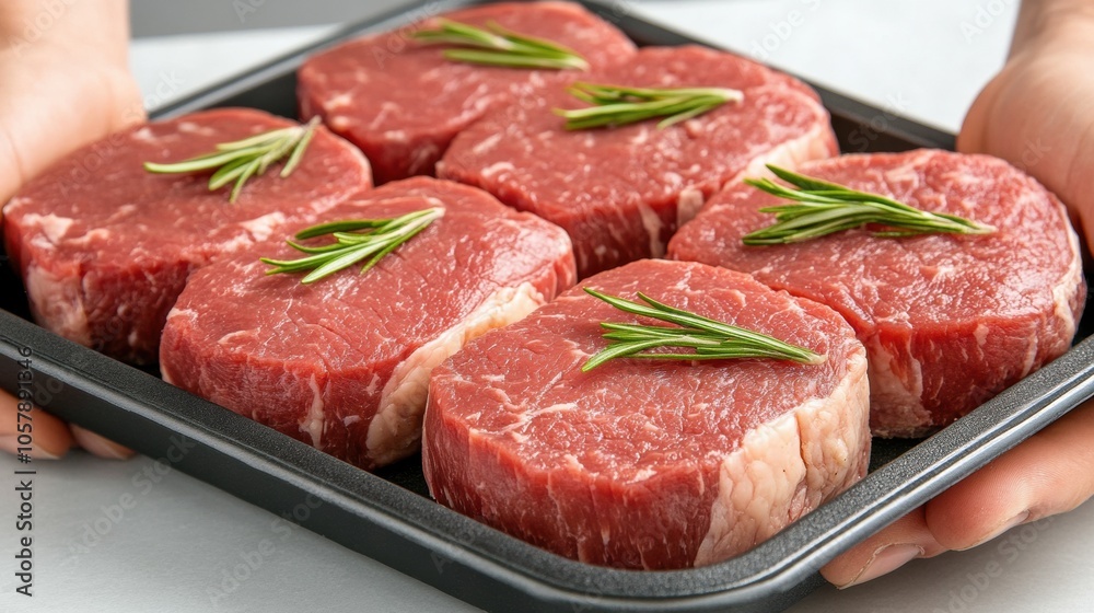 Six raw beef steaks garnished with rosemary on a black tray, ready for cooking, AI Six raw beef steaks garnished with rosemary on a black tray, ready for cooking, AI