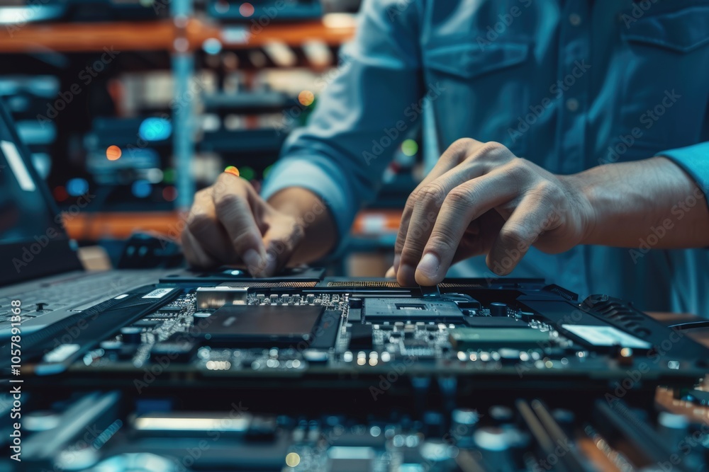 technician change and insert new laptop battery. computer repair service technician change and insert new laptop battery. computer repair service