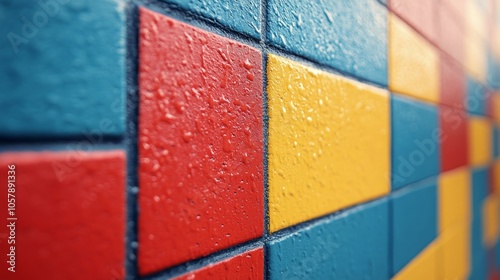 Colorful mural with red, blue, and yellow stripes on a brick wall in an urban...
