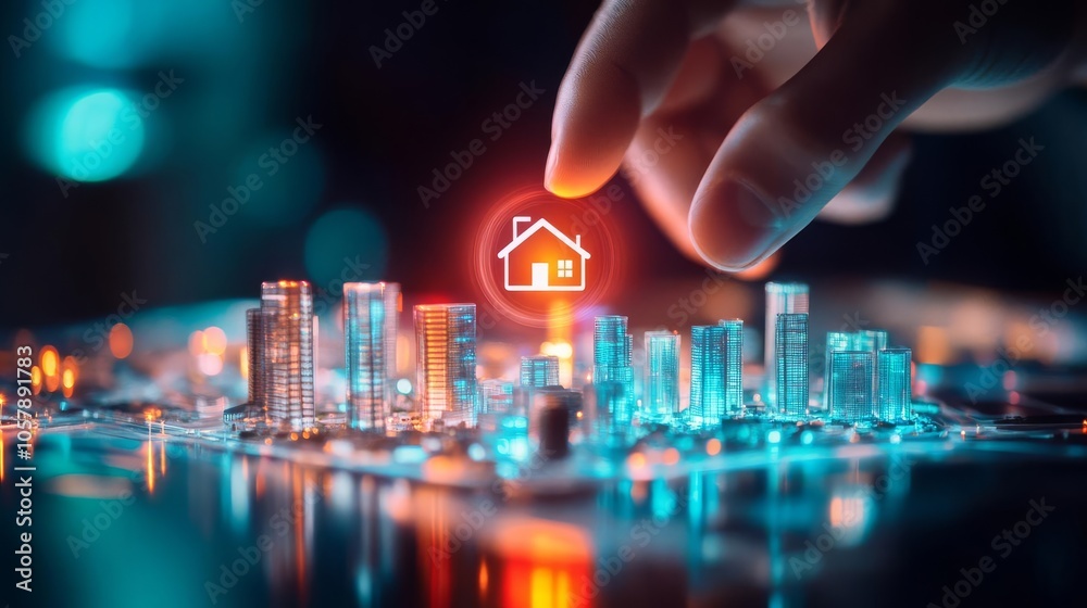 Hand of investor placing a house icon on futuristic city model, visualizing real estate growth Hand of investor placing a house icon on futuristic city model, visualizing real estate growth