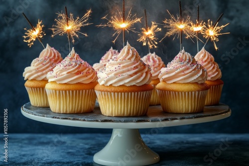 Colorful cupcakes with sparklers set on a decorative cake stand for a festive celebration photo