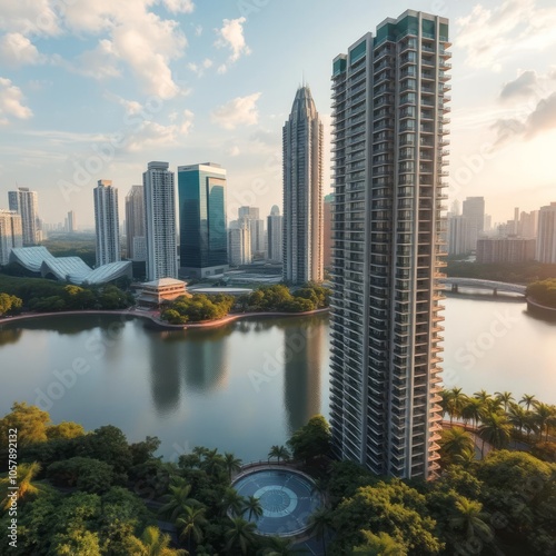 Bangkok thailand july 6 2024 cityscape of lumpini park with skyscrapers lake and green trees at daytime bangkok thailand on a hot sunny morning during the wet season Condominium  photo