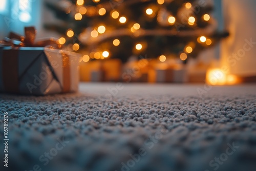 Festive Christmas present under the tree in a cozy living room decorated for ...