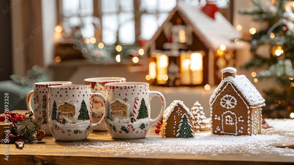 A cozy Christmas breakfast table with a mix of festive mugs, gingerbread houses as centerpieces, and a scattering of powdered sugar to mimic snow A cozy Christmas breakfast table with a mix of festive mugs, gingerbread houses as centerpieces, and a scattering of powdered sugar to mimic snow