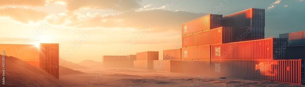 Vibrant sunset over shipping containers, creating a stunning silhouette and warm atmosphere in a logistics environment. Vibrant sunset over shipping containers, creating a stunning silhouette and warm atmosphere in a logistics environment.
