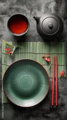 Table setting with red chopsticks, a teapot, and tea amidst greenery on a bam...