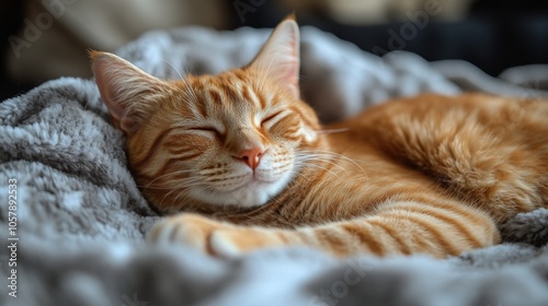 A serene orange tabby cat peacefully sleeping on a cozy knit blanket indoors