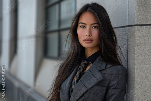 Elegant young woman with long dark hair, wearing a dark plaid blazer and a black shirt, looking composed and confident while leaning against a modern building facade.