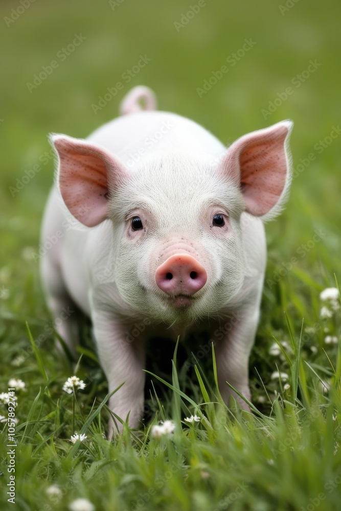 Curious Young Piglet Standing in Green Grass Looking at Camera Curious Young Piglet Standing in Green Grass Looking at Camera
