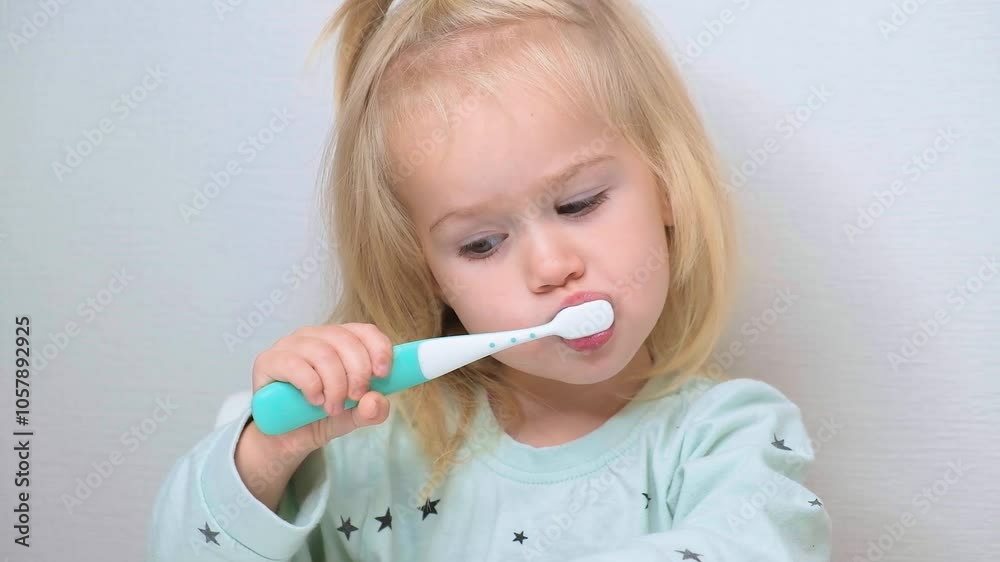 Little child toddler girl two-year-old brushing her teeth with an electric toothbrush. Little child toddler girl two-year-old brushing her teeth with an electric toothbrush.