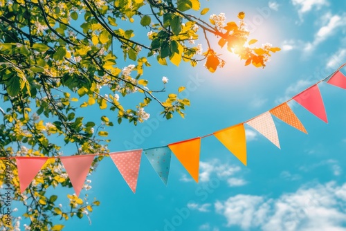 Colorful bunting flags hanging between trees under a bright blue sky during a...