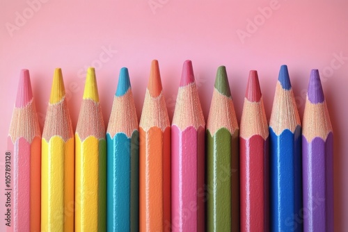 Colorful pencils arranged neatly on a pink background, showcasing a variety o...
