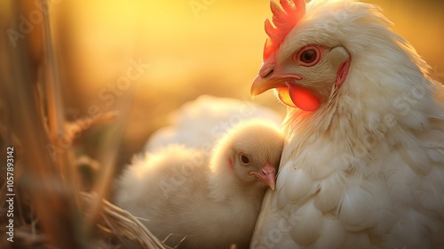 A white hen shelters her fluffy chick under her wing, bathed in the warm glow of the setting sun.
