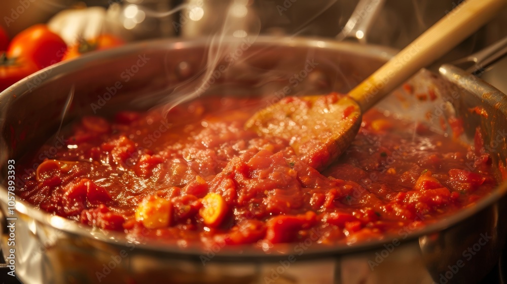 Steaming pot of tomato sauce simmers on a stovetop, filling the kitchen with a savory aroma. The sauce is a rich red color and is filled with chunks of tomatoes and herbs Steaming pot of tomato sauce simmers on a stovetop, filling the kitchen with a savory aroma. The sauce is a rich red color and is filled with chunks of tomatoes and herbs