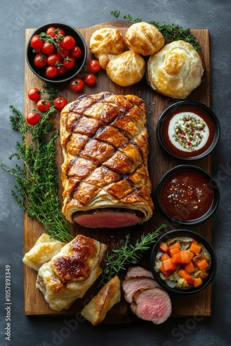 Delicious gourmet meal featuring beef Wellington with sides and wine served o...