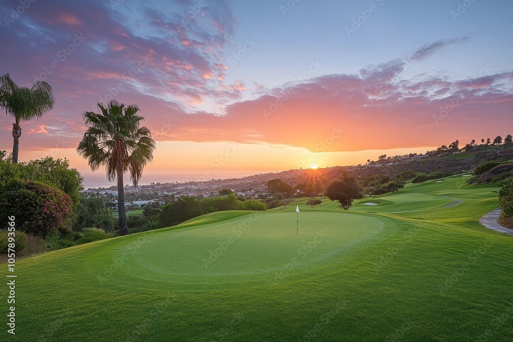 A serene view of a lush golf course at sunset, surrounded by palm trees and gentle hills A serene view of a lush golf course at sunset, surrounded by palm trees and gentle hills
