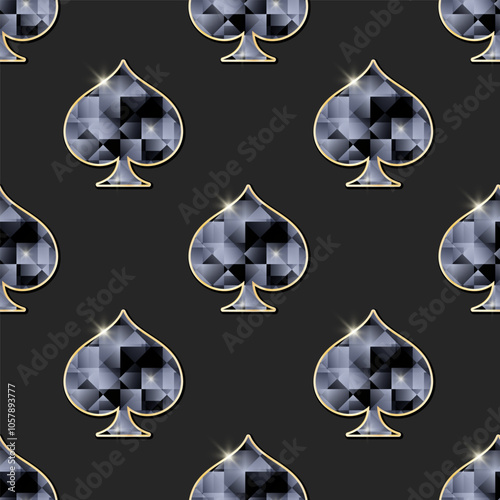 Black faceted jewellery spades with gold frames on black background. Vector seamless pattern.