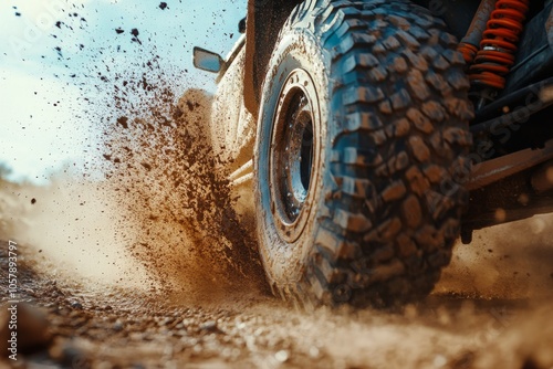 Off road vehicle kicking up dirt on a rugged trail during bright daylight