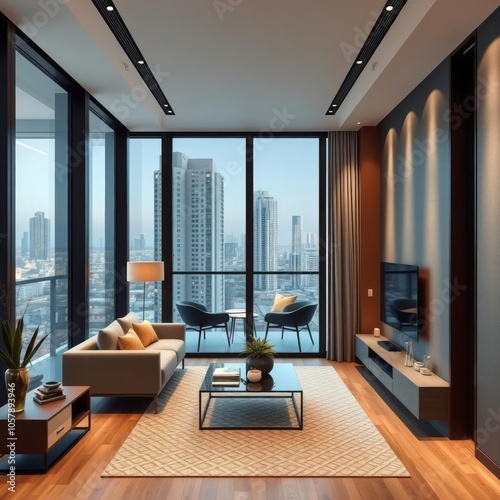 Apartment condominium interior design living room and balcony terrace with background of urban city condominium room interior design backgroundai generate Condominium  photo