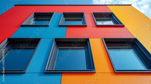 Vibrant triptych of windows with colorful walls and greenery in a lively urba...