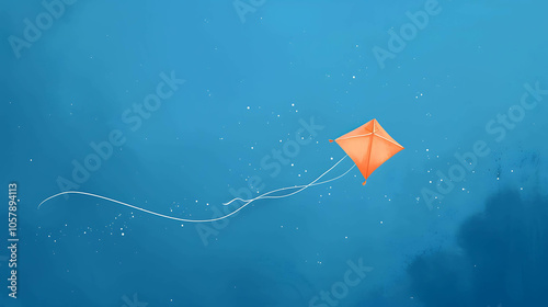 An illustration of a red kite flying in a blue sky. The kite is in the center of the image and there is a white tail trailing behind it. photo